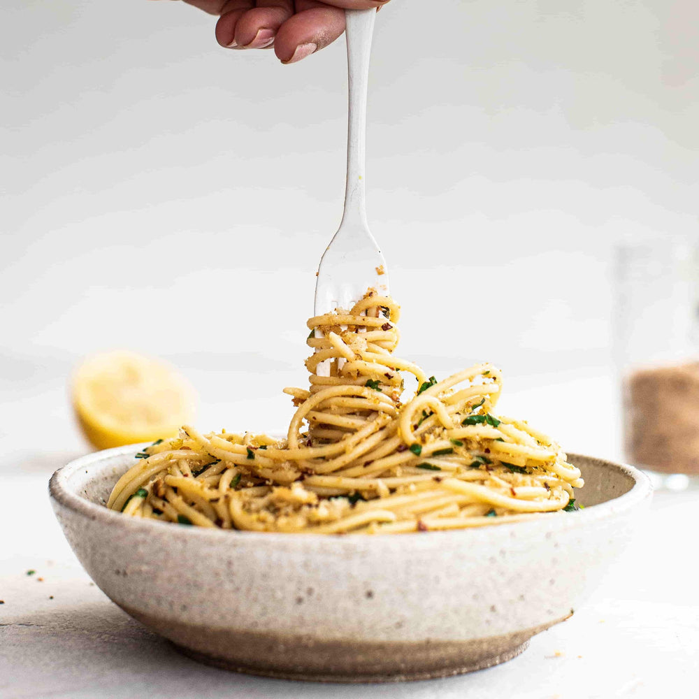 Spaghetti with crunchy garlic crumbs made with Flavour Bomb Salt