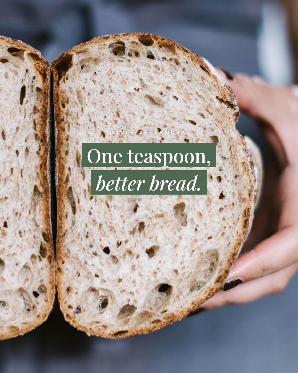 Hands holding a sourdough loaf of bread cut in half to show its open crumb; one teaspoon of No-Nasty Bread Improver for better bread