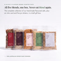 All five salt blend packets from Alyce's Flavour Bombs Starter Pack lined up together; all five blends, one box, never eat bland again