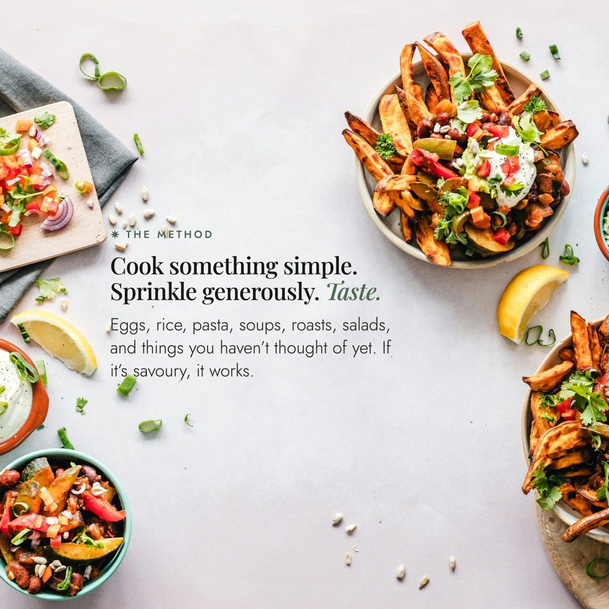 Bowls of loaded sweet potato wedges and dips on a bench; the Alyce's Flavour Bombs Starter Pack method: cook something simple, sprinkle generously, taste