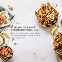 Bowls of loaded sweet potato wedges and dips on a bench; the Alyce's Flavour Bombs Starter Pack method: cook something simple, sprinkle generously, taste
