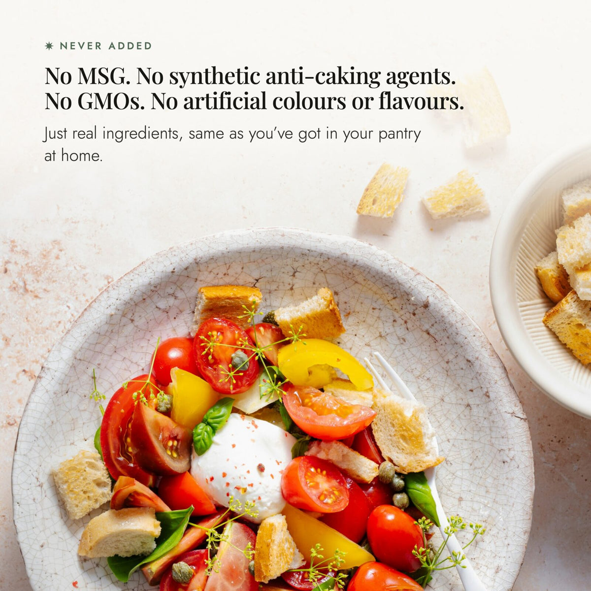 Tomato and burrata salad with croutons; Alyce's Flavour Bombs Starter Pack blends have no MSG, no synthetic anti-caking agents, no GMOs and no artificial colours or flavours