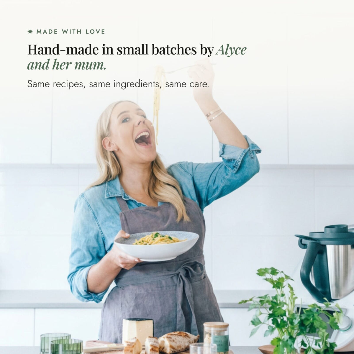 Alyce lifting a forkful of spaghetti in her kitchen; every blend in Alyce's Flavour Bombs Starter Pack is hand-made in small batches by Alyce and her mum
