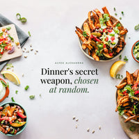 Flat lay of loaded sweet potato wedge bowls with bean chilli, salsa, guacamole, yoghurt and lemon wedges; Alyce's Lucky Dip Salt is dinner's secret weapon, chosen at random