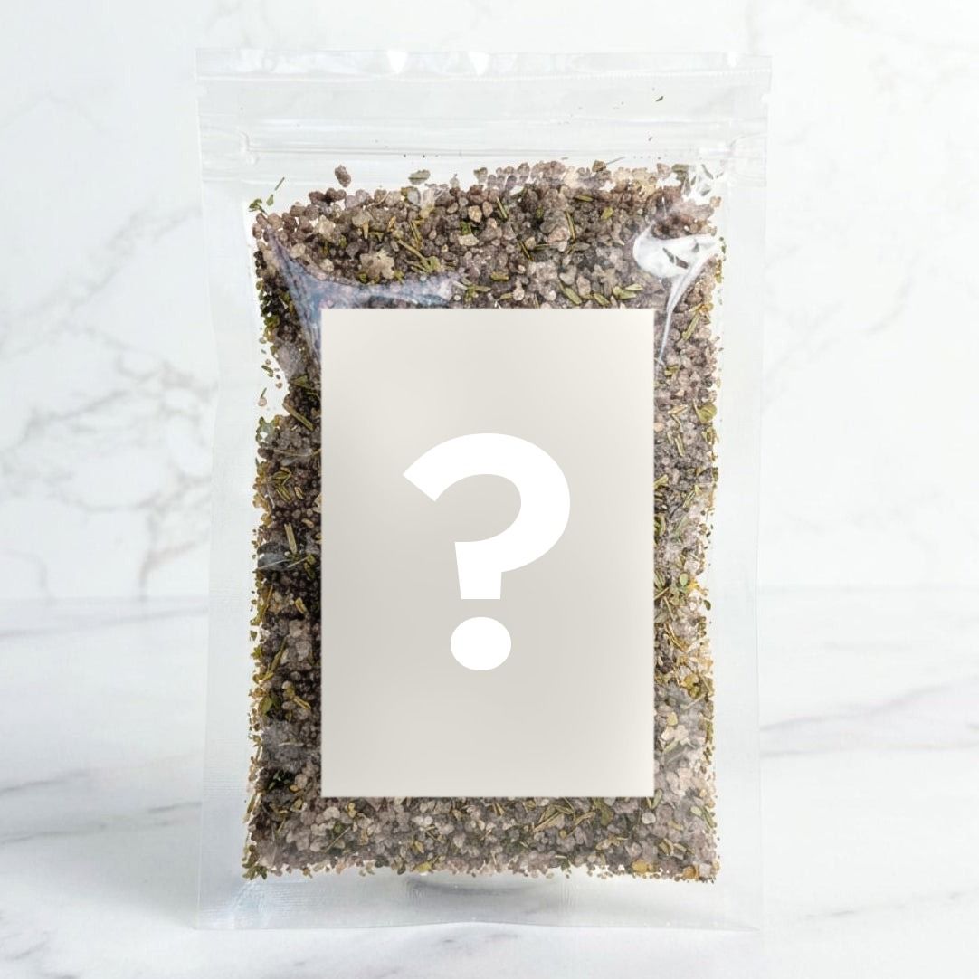 Alyce's Lucky Dip Salt: a 100g packet of mystery flavour blend with the label obscured by a question mark, because the flavour is a surprise
