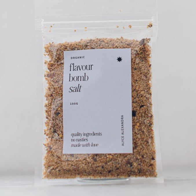 Alyce's Organic Flavour Bomb Salt 100g bag of smoky seasoning salt made with quality ingredients and no nasties