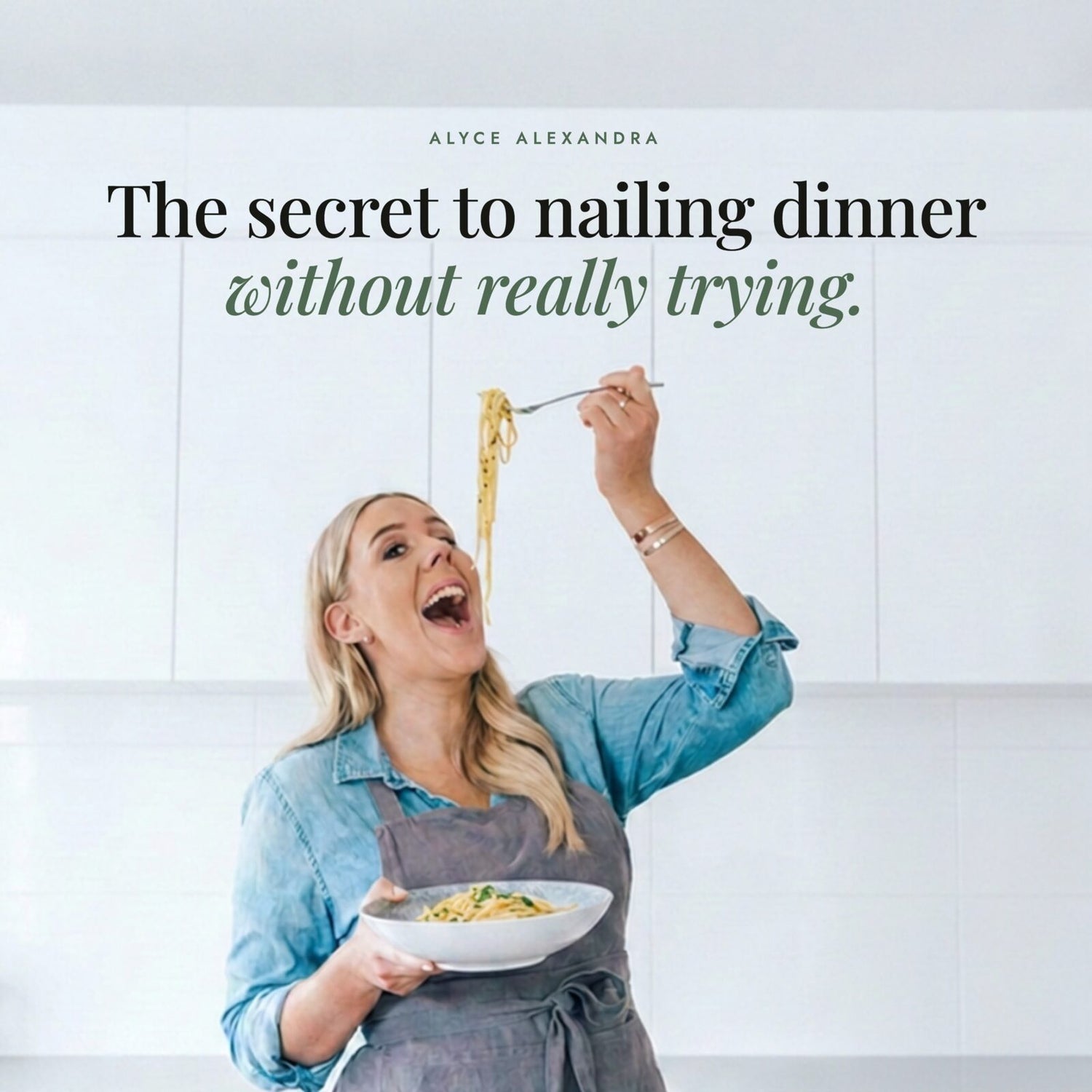 Alyce lifting a forkful of spaghetti; Organic Flavour Bomb Salt is the secret to nailing dinner without really trying