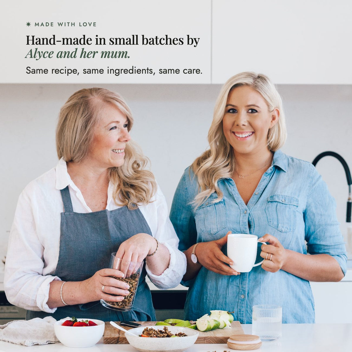 Alyce and her mum together in the kitchen; No-Chicken Chicken Salt is hand-made in small batches by Alyce and her mum, same recipe, same ingredients, same care