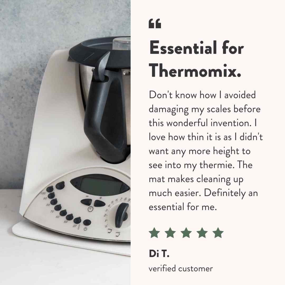 Five-star customer review of the Appliance Mat from Di T, who says it stopped her damaging her scales, adds almost no height so she can still see into the bowl, and makes cleaning up much easier