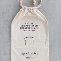 Breadwinner Bread Bag laid flat showing the full print and the alyce alexandra ecolife logo along the bottom