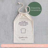 Breadwinner Bread Bag with a drawstring convenience badge and the line keep your bread fresher for longer