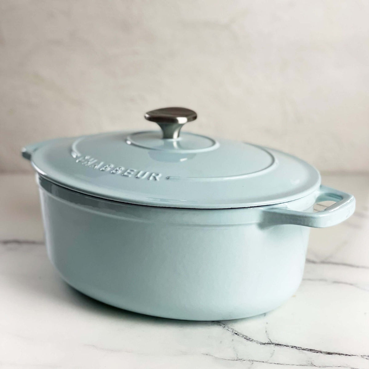 Duck egg blue Chasseur cast iron oval Dutch oven shown from the side