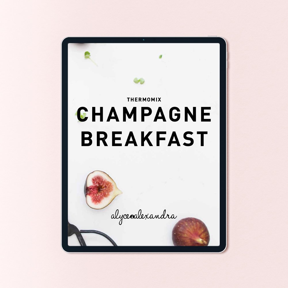 Champagne Breakfast Class Booklet for Thermomix machines shown on a tablet, the cover styled with fresh figs