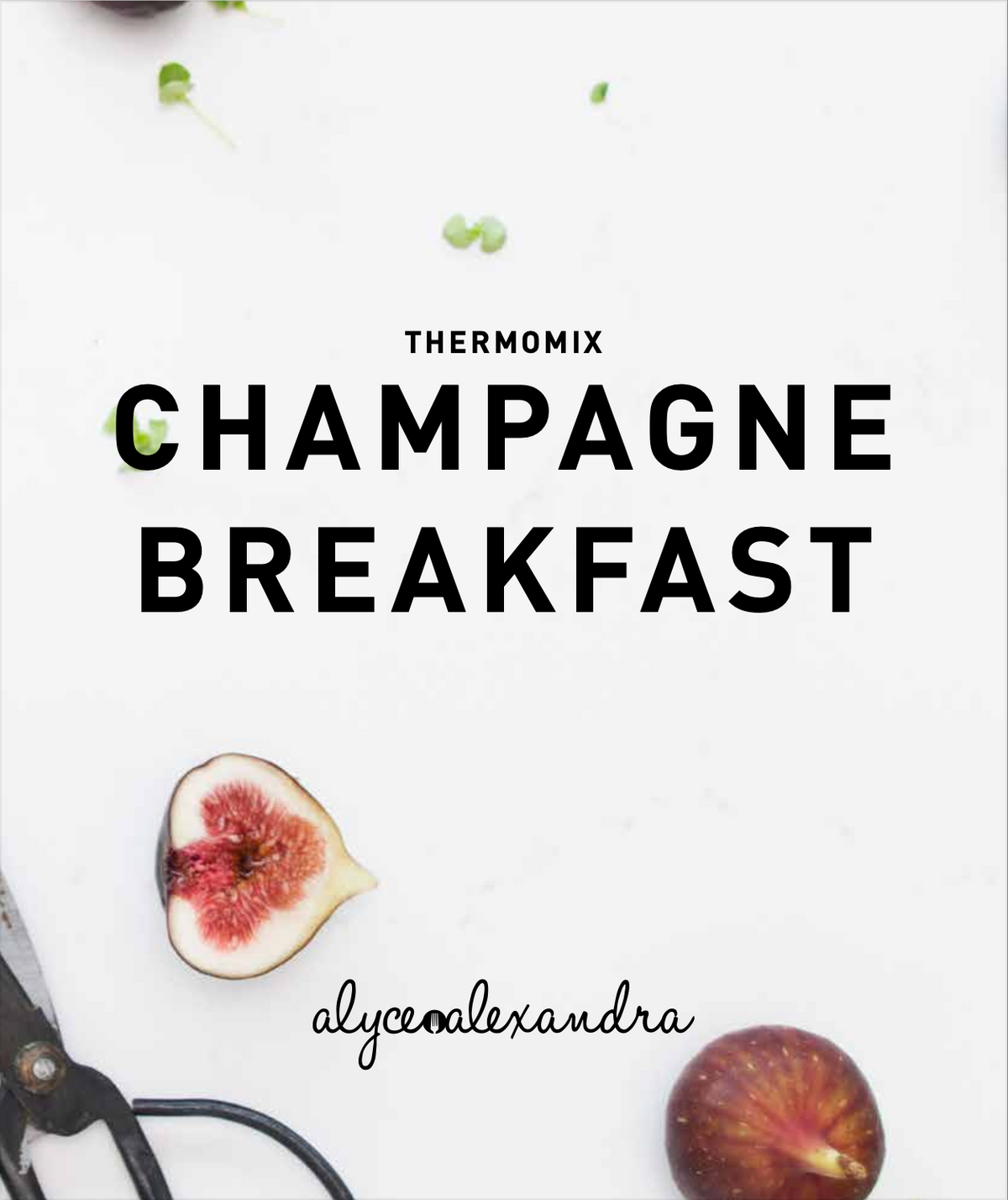 Cover of the Thermomix Champagne Breakfast Class Booklet by Alyce Alexandra, styled with a halved fresh fig