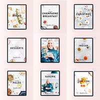 All nine digital class booklets in the bundle shown as tablet covers: Bread, Champagne Breakfast, Christmas, Desserts, Indian, Paleo, Varoma and Yum Cha