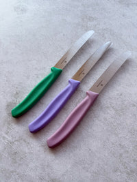 Four Classic Serrated Knives with green, lilac and pink handles fanned out