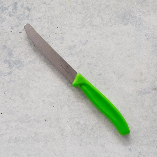 Classic Serrated Knife with a green handle laid on concrete