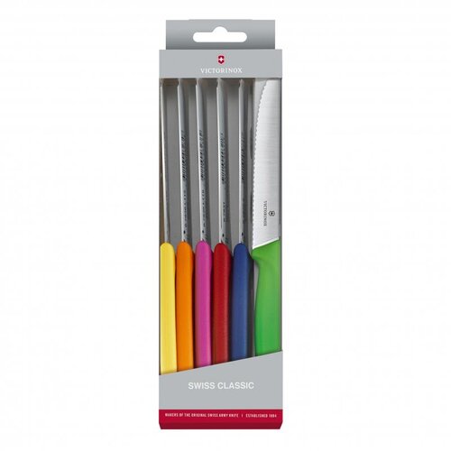 Victorinox Swiss Classic knife set in its retail pack, showing six coloured handles