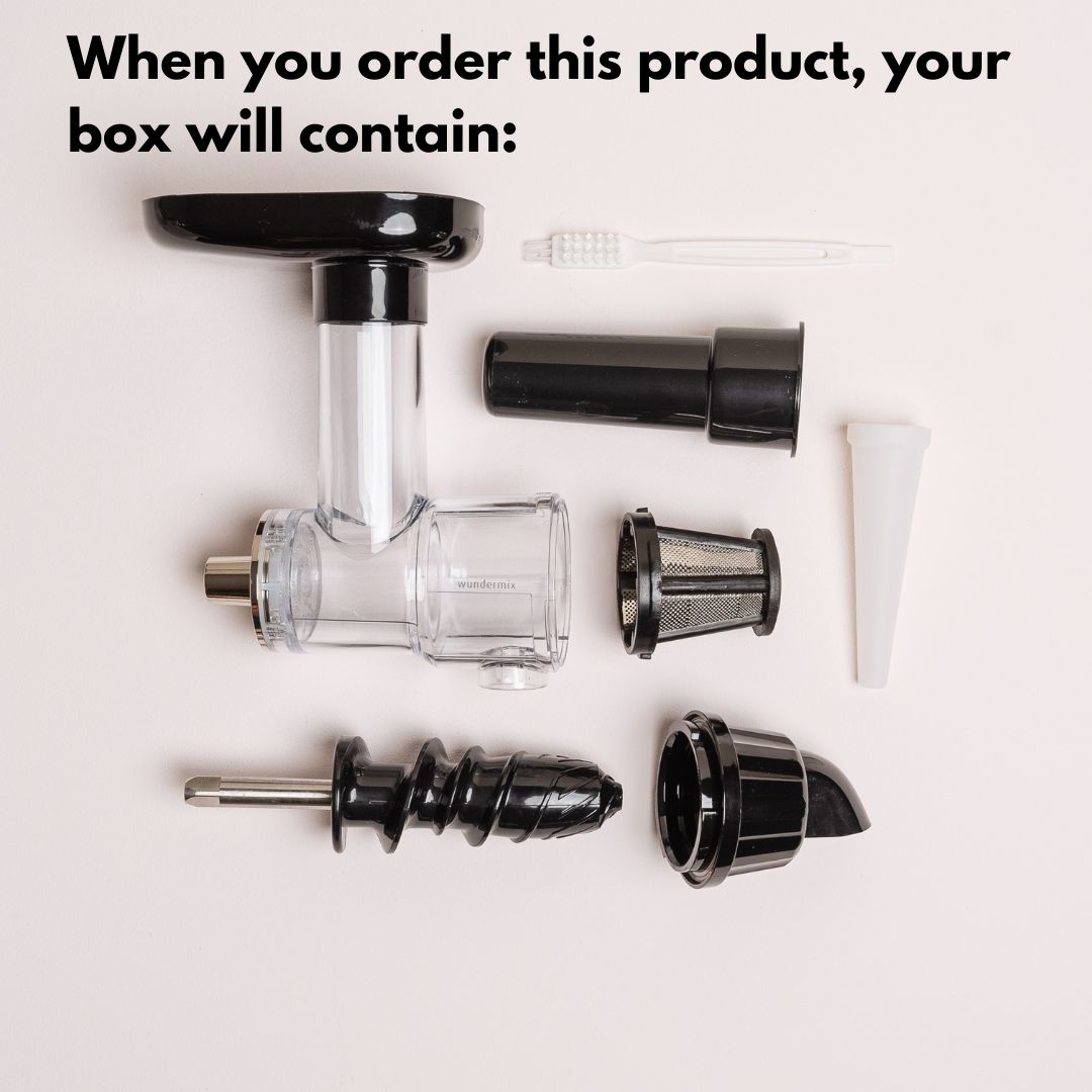 What comes in the box with the Cold-Pressed Juicer: the juicing screw and housing, the collection jug, the strainer, the cleaning brush and the pusher