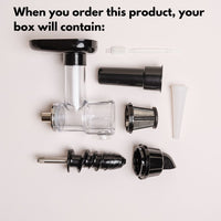 What comes in the box with the Cold-Pressed Juicer: the juicing screw and housing, the collection jug, the strainer, the cleaning brush and the pusher
