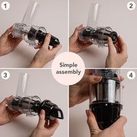 Assembly steps 1 to 4 for the Cold-Pressed Juicer, labelled simple assembly, showing the parts being fitted together by hand