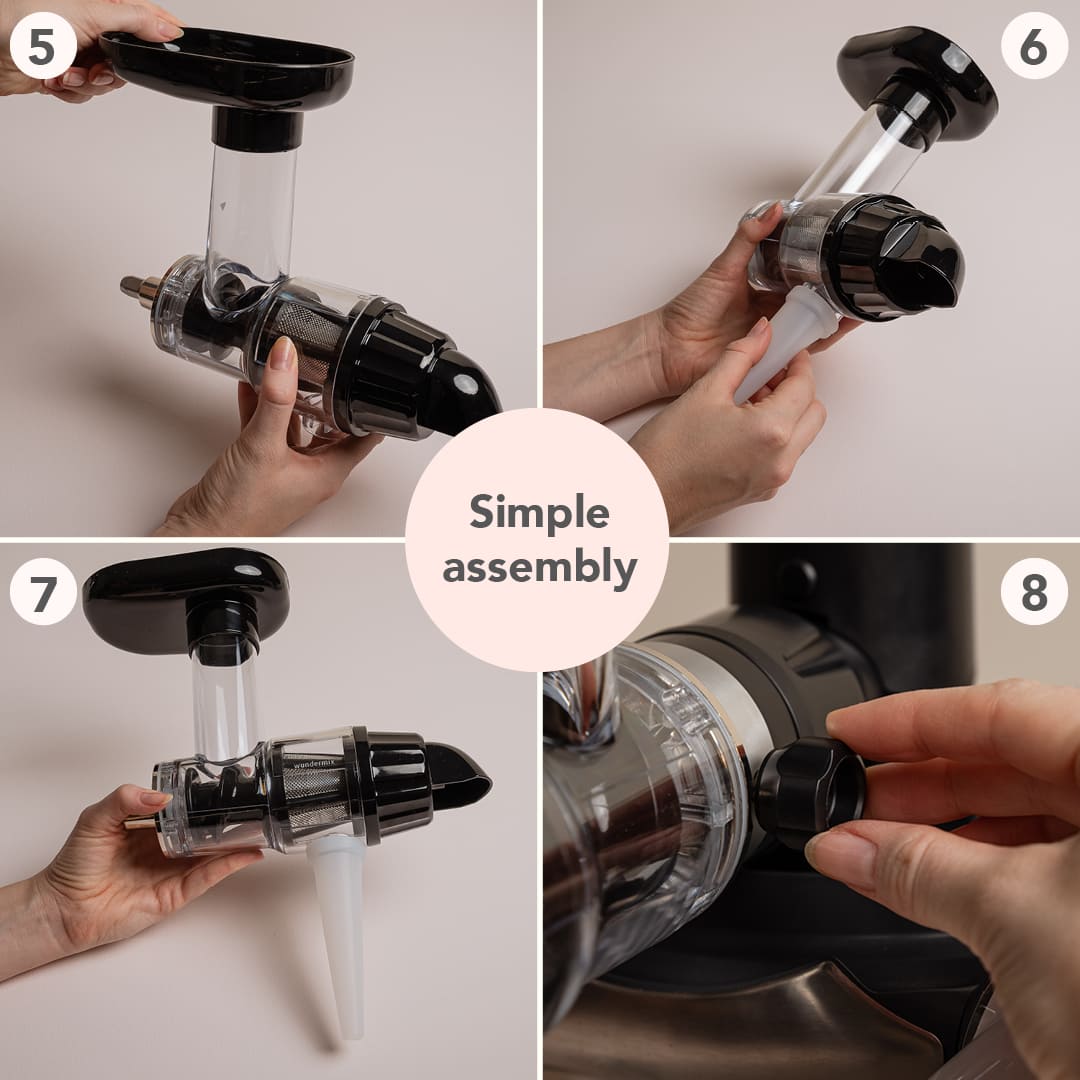 Assembly steps 5 to 8 for the Cold-Pressed Juicer, labelled simple assembly, ending with the juicer mounted and ready