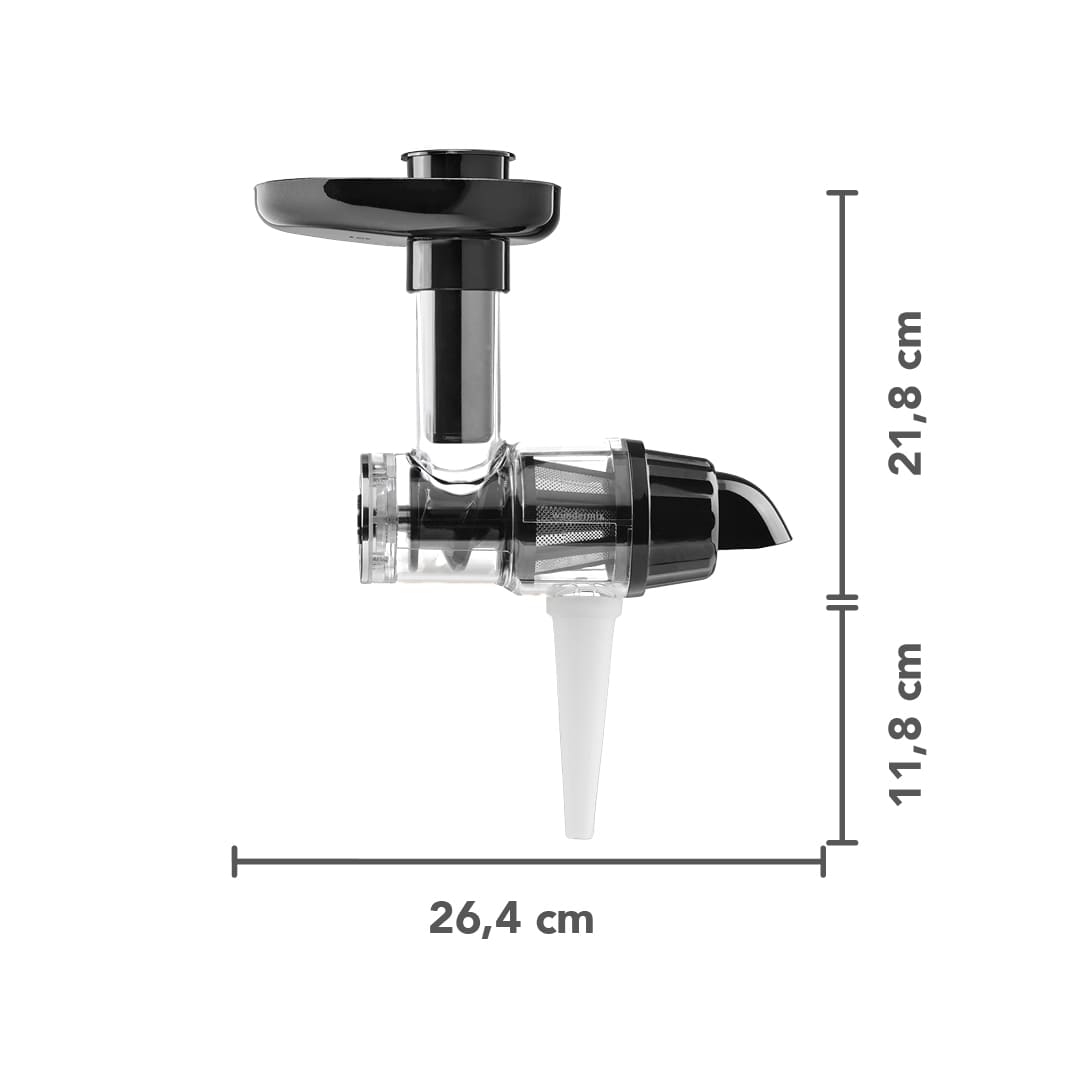 Dimensions of the Cold-Pressed Juicer attachment: 26.4 cm wide, 21.8 cm tall to the top of the hopper and 11.8 cm from the spout down