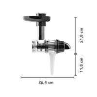 Dimensions of the Cold-Pressed Juicer attachment: 26.4 cm wide, 21.8 cm tall to the top of the hopper and 11.8 cm from the spout down