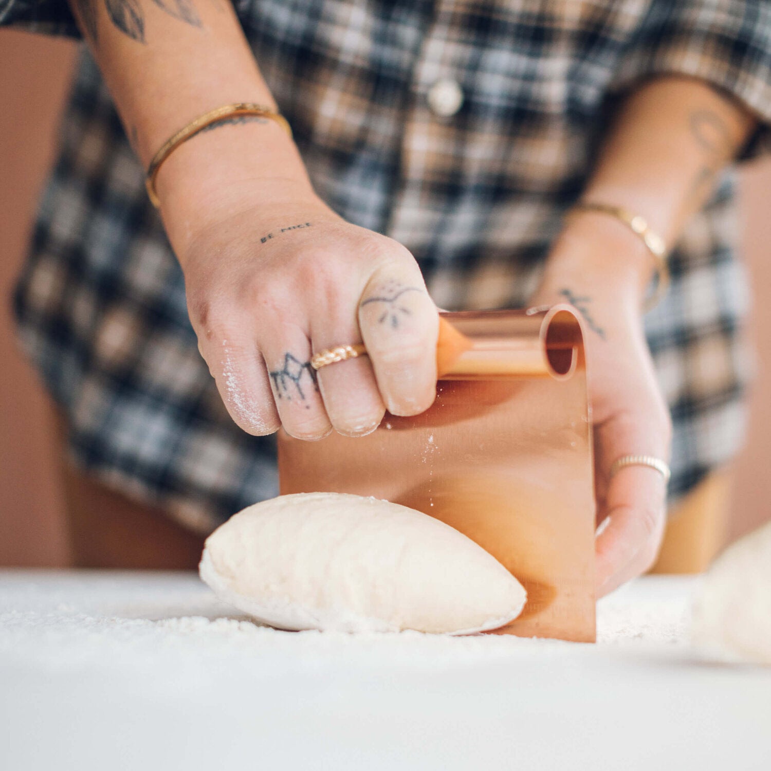 Copper dough scraper and cutter for sourdough and baking