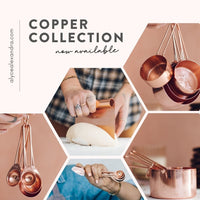 Copper Collection now available: a hexagon montage showing the copper measuring cups, measuring spoons and dough scraper in use