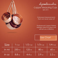 Size chart for the Copper Measuring Cups, a professional copper-plated stainless steel four-piece set with embossed measurements that will not wear off: 1 cup is 250 ml or 8.8 oz, 1/2 cup is 125 ml or 4.4 oz, 1/3 cup is 80 ml or 2.9 oz and 1/4 cup is 60 ml or 2.2 oz