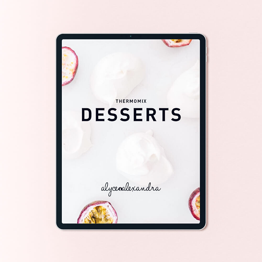 Desserts Class Booklet for Thermomix machines shown on a tablet, the cover styled with meringues and passionfruit