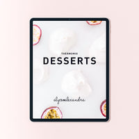 Desserts Class Booklet for Thermomix machines shown on a tablet, the cover styled with meringues and passionfruit