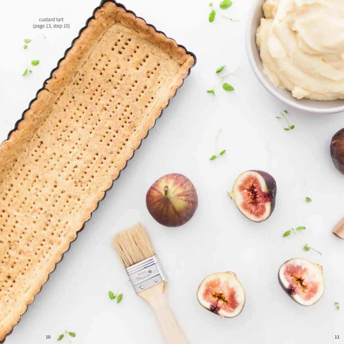 Blind-baked tart shell with a pastry brush, fresh figs and a bowl of cream, from the Desserts Class Booklet