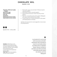Recipe page for Chocolate Soil, makes 1 cup, from the Desserts Class Booklet for Thermomix machines, with a quick fix chilling note and variations using edible flowers, nuts, pistachios and chocolate shavings