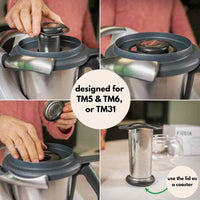 Four-step montage of the Filtix Thermo Tea Filter in use, designed for Thermomix TM5, TM6 or TM31, showing the lid doubling as a coaster
