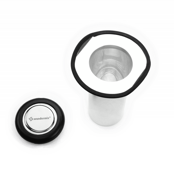 Filtix Thermo Tea Filter shown in parts against a dark green background, the mesh cylinder, the seal and the lid