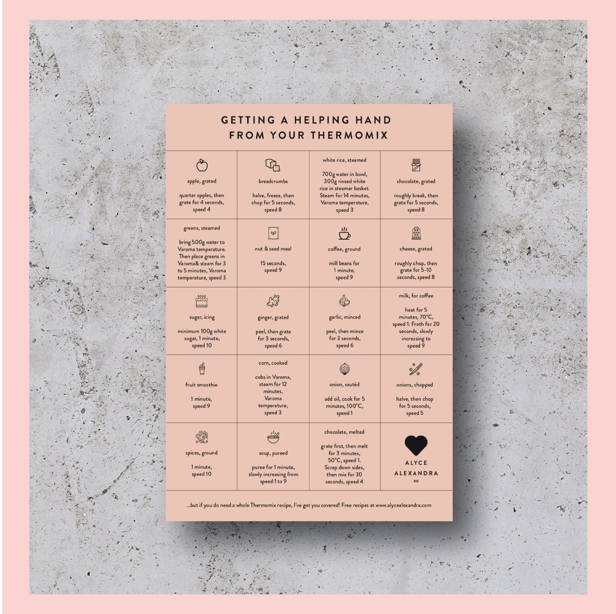 Functions Guide magnet for Thermomix machines, titled getting a helping hand from your thermie, a grid of icons pairing everyday tasks with the machine function that does them