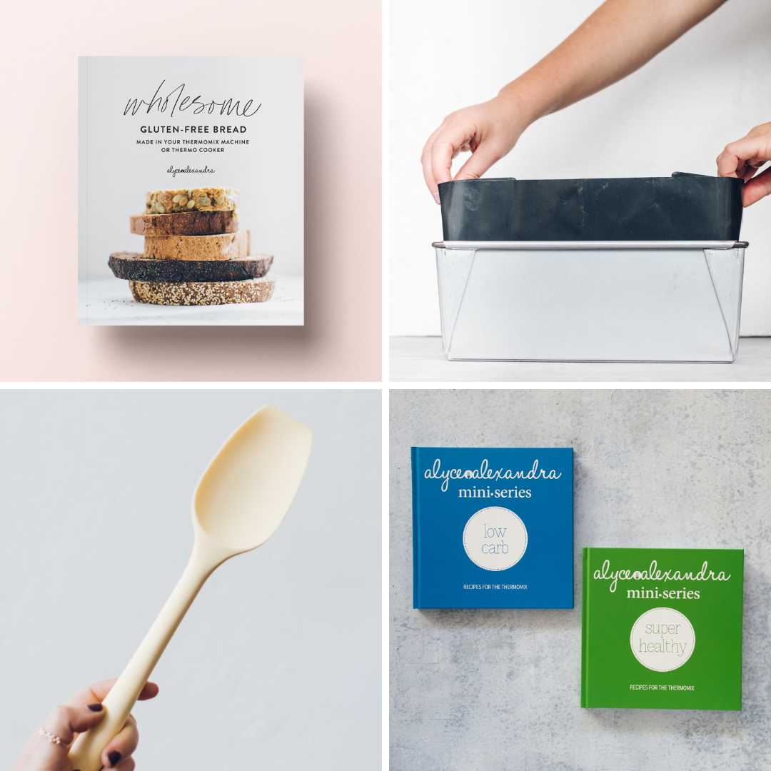 Everything in the Gluten Free Pack for Thermomix owners: the Wholesome Gluten-Free Bread cookbook, a loaf tin, a spatula and the digital cookbook cards