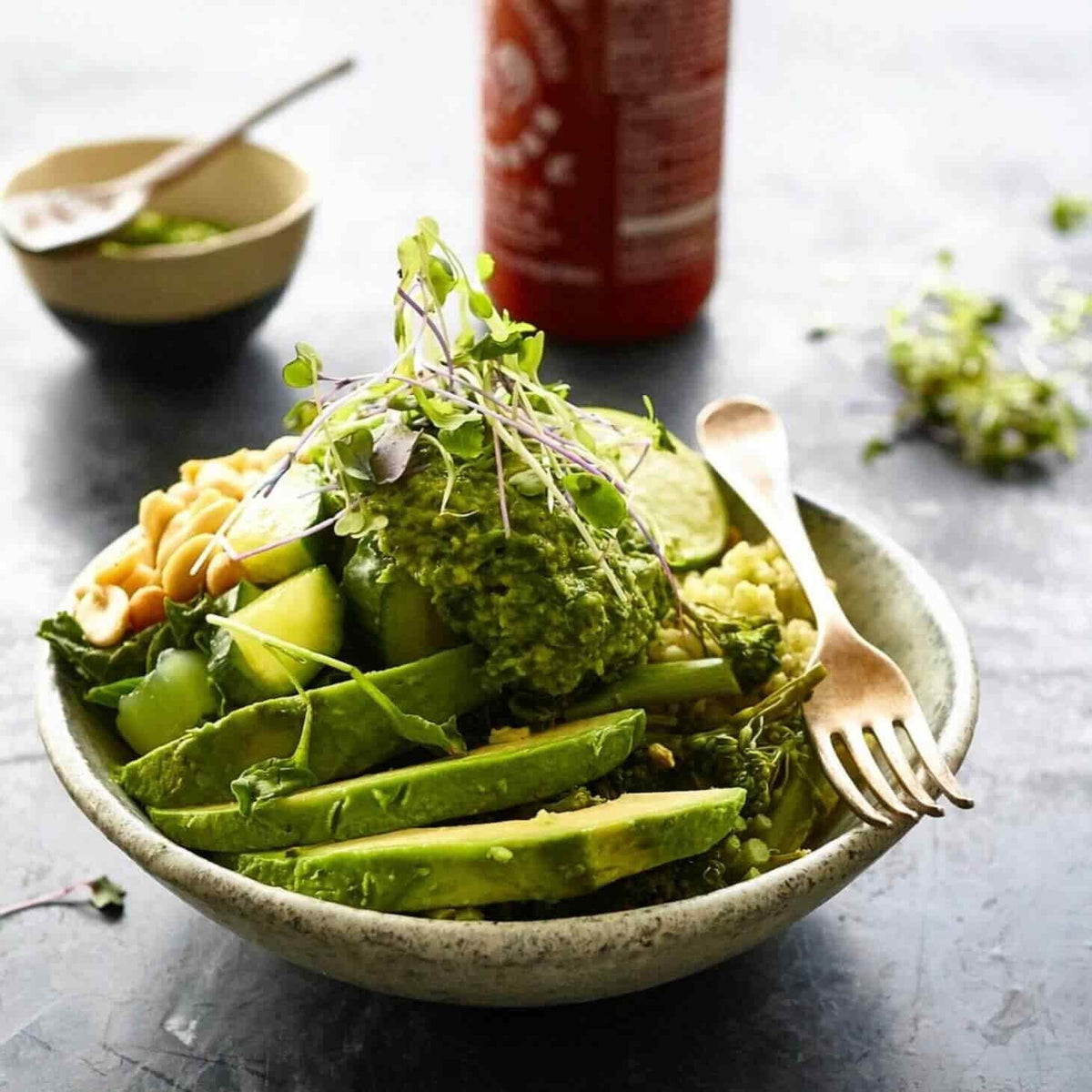 Green salad bowl with avocado, cucumber and herb dressing, from Hearty Vegan Thermo Cooked