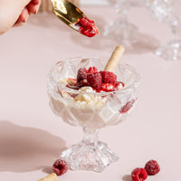 Coupe glass of shaved ice dessert topped with berries and a wafer, made with the Ice Shaver