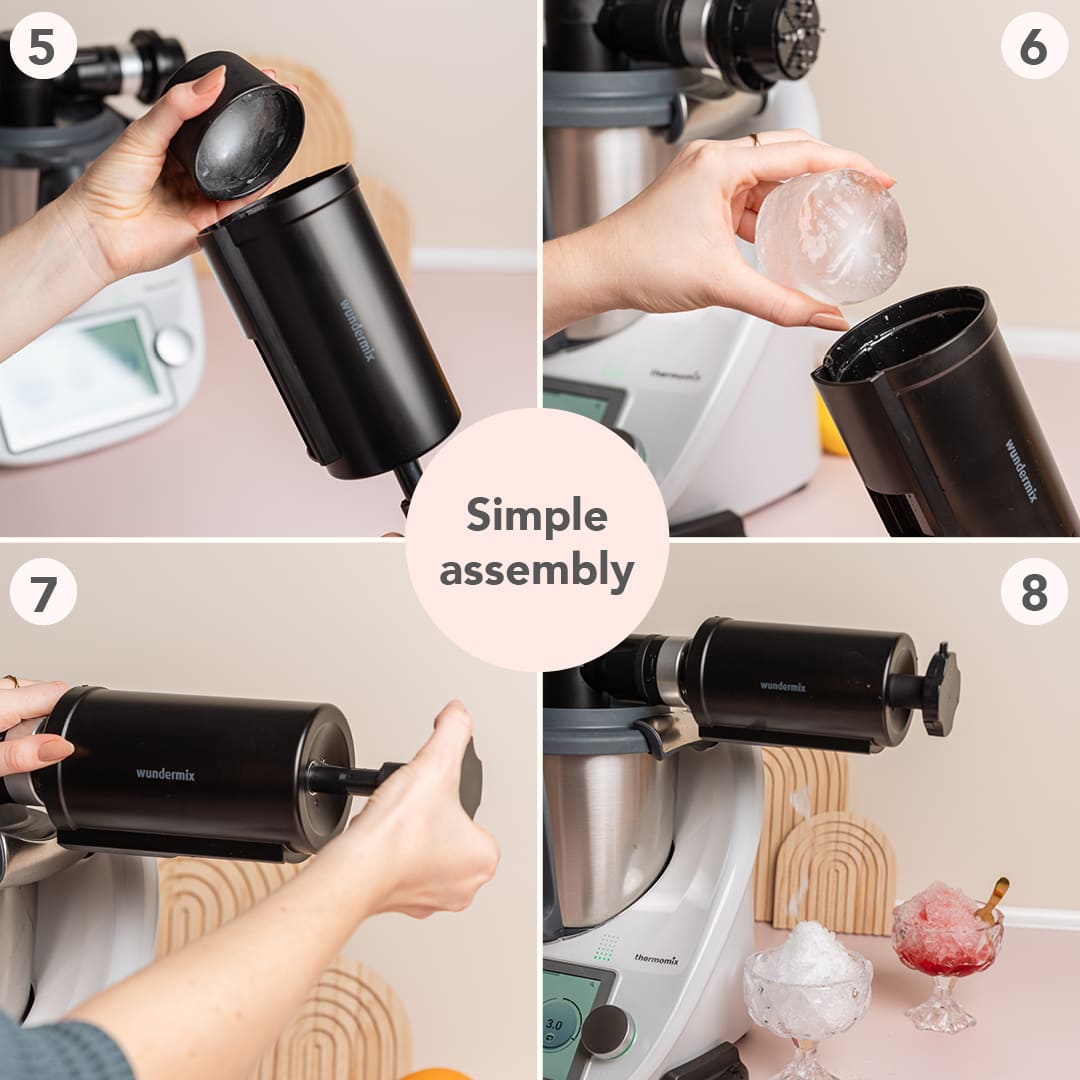 Assembly steps 5 to 8 for the Ice Shaver, labelled simple assembly, showing the parts being fitted together by hand