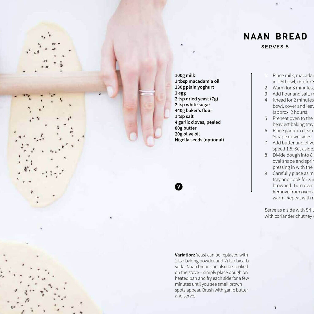 Recipe page for Naan Bread from the Indian Class Booklet, with hands rolling out the dough and a variation note on replacing milk with soy milk