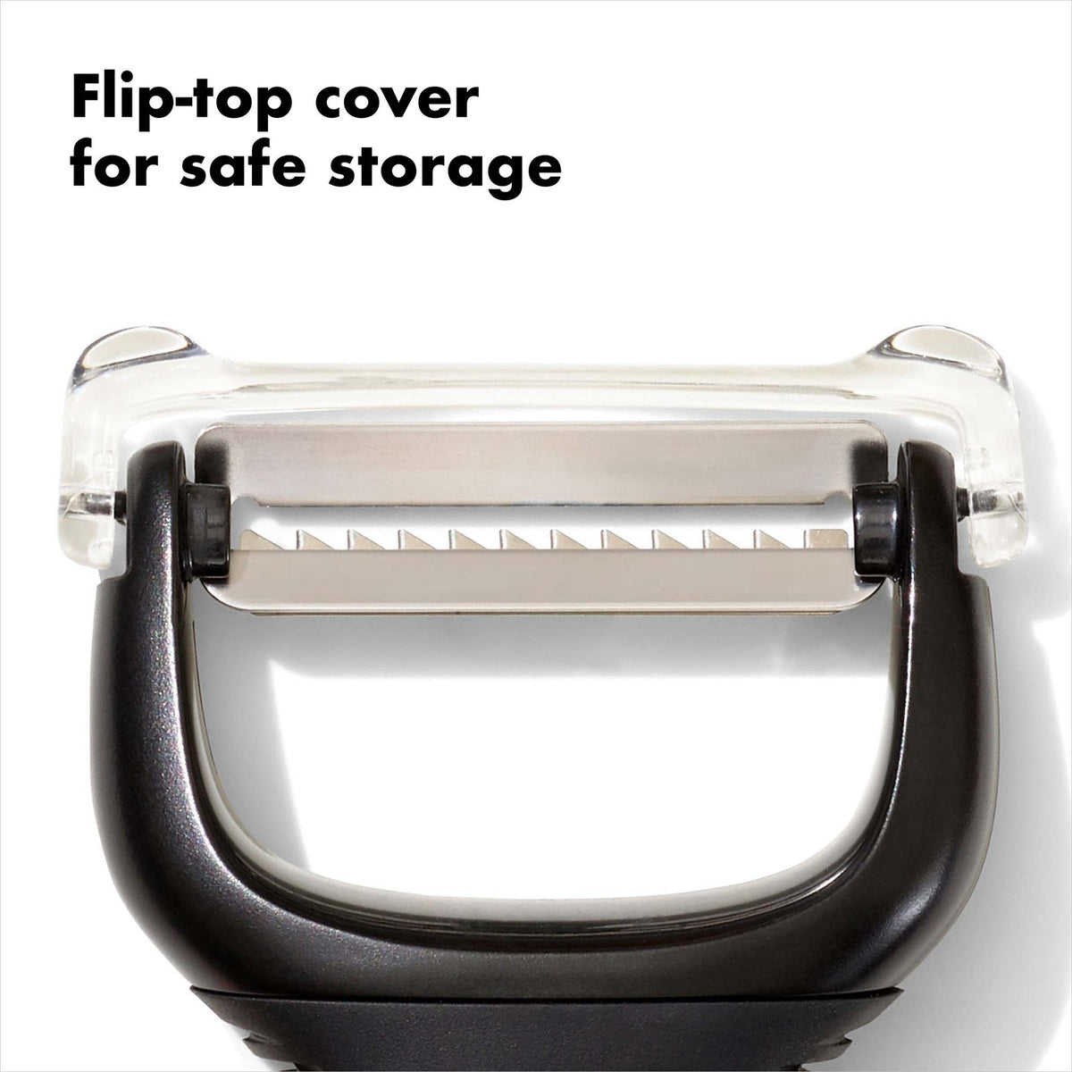 Julienne Peeler with its flip-top cover closed for safe storage