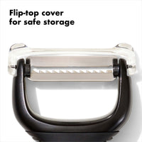 Julienne Peeler with its flip-top cover closed for safe storage