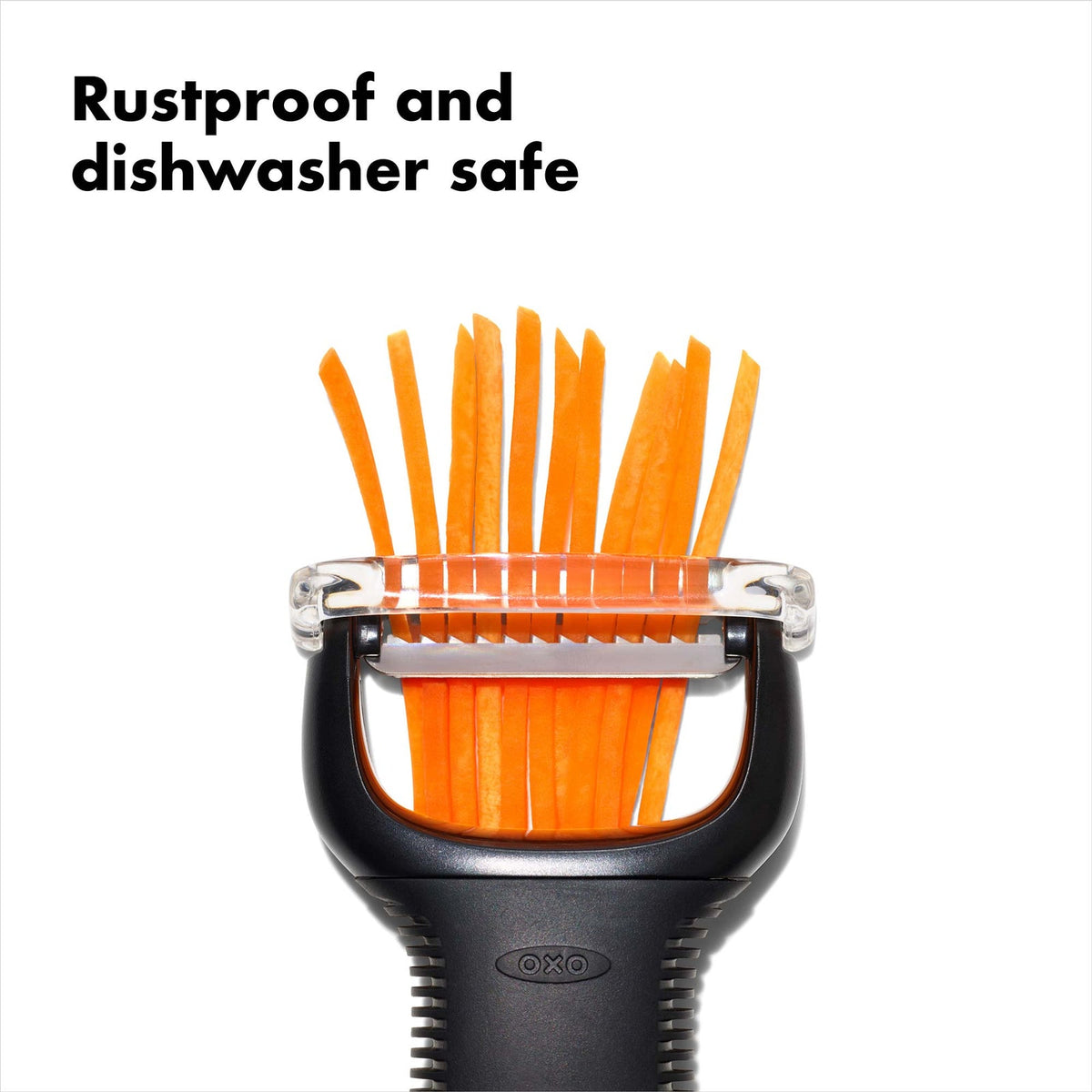 Julienne Peeler shown with carrot matchsticks; rustproof and dishwasher safe