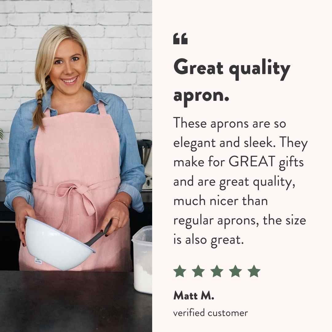 Five-star customer review from Matt M calling it a great quality apron, elegant and sleek, saying they make great gifts and are much nicer than regular aprons, and the size is also great