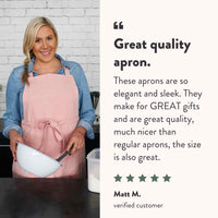 Five-star customer review from Matt M calling it a great quality apron, elegant and sleek, saying they make great gifts and are much nicer than regular aprons, and the size is also great