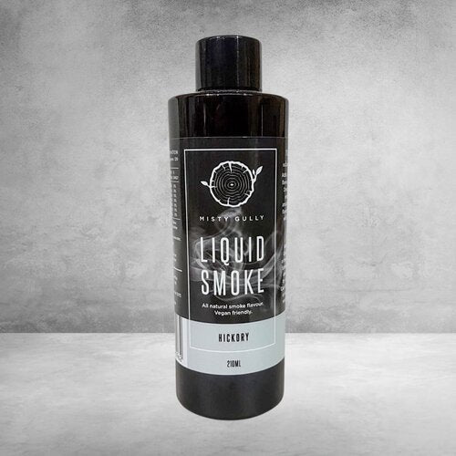 Bottle of Misty Gully Liquid Smoke, a natural smoke flavour that is vegan friendly