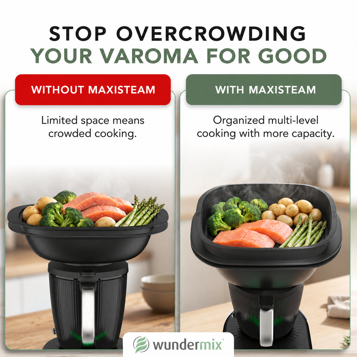 Stop overcrowding your Varoma: TM7 Varoma with and without the MaxiSteam Extender